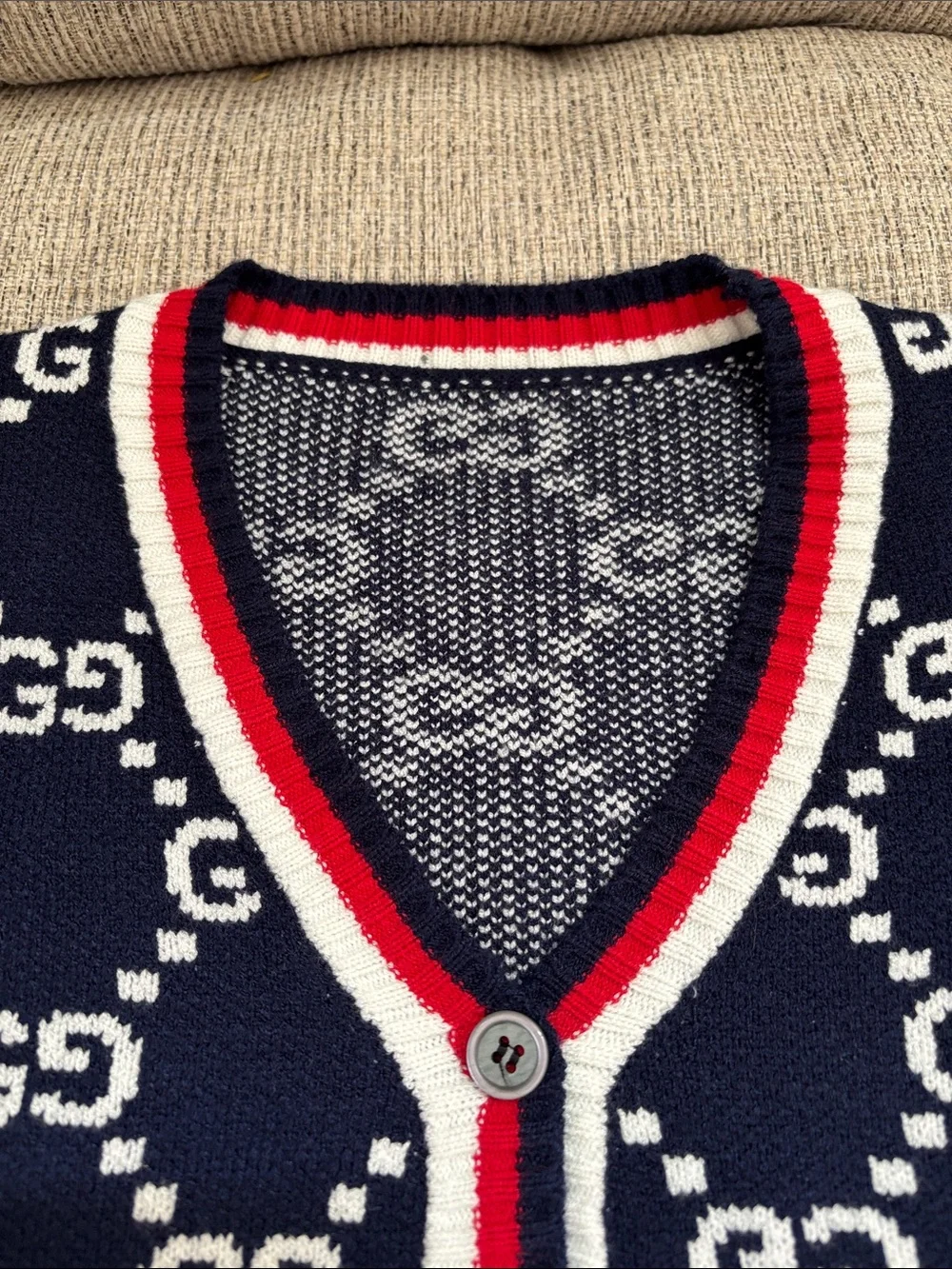 Kids Navy & White GG Logo Knit Cardigan w Red Trim no size tag look pics cute - Picture 5 of 10